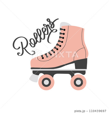 Pink roller skates and lettering. Retro icon, illustration in flat cartoon style. Vector 110439697