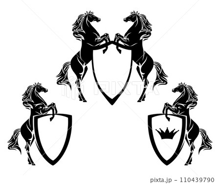 rampant stallion horses holding heraldic shield with royal crown vector design 110439790