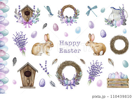 Easter vintage style decor element set in tender colors. Watercolor painted illustration collection. Tender colored eggs, rustic vintage style elements, bunnies, lavender. Easter set white background 110439810