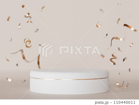 Elegant pedestal with golden confetti floating on a neutral background, perfect for product display, celebrations, and luxury presentations. Podium mockup. 3D render. Elegant pedestal with golden confetti floating on a neutral background, perfect for product display, celebrations, and luxury presentations. Podium mockup. 3D render. 110440011