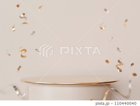 Minimalist cream background highlights sleek beige podium with golden edge, adorned by whimsical confetti, perfect for product presentations, luxury branding, or festive marketing visuals. 3D render. 110440040