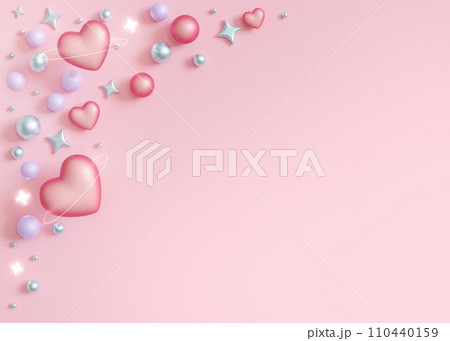 Cute, pink background with shiny stars, hearts, pearls and copy space. Valentines Day, Womans, Mothers Day backdrop. Empty space for text. Postcard, greeting card design. Pastel colors. Y2k style. 3D. 110440159