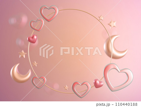 Y2K style 3D render with pink-gold gradient, featuring hearts, moons, and stars on blush backdrop with space for text. Valentine's Day, Woman's, Mothers Day backdrop. Postcard, greeting card design. 110440188