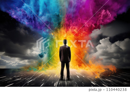 AI-generated content. man stand in front of colorful rainbow cloud good idea concept 110440238