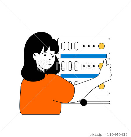 Cloud computing concept with cartoon people in flat design for web. Woman working as tech engineer at database center server racks. Vector illustration for social media banner, marketing material. Cloud computing concept with cartoon people in flat design for web. Woman working as tech engineer at database center server racks. Vector illustration for social media banner, marketing material. 110440433