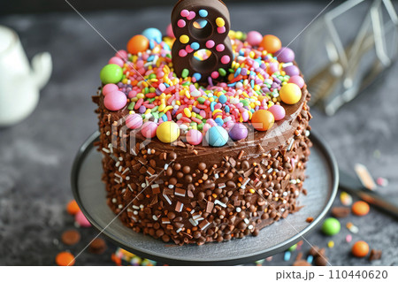 a delicious cake with number eight on wooden table 110440620