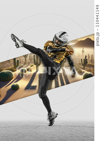 Dynamic image of man, American football player in motion over light background with desert, cactus element. Dynamic image of man, American football player in motion over light background with desert, cactus element. 110441149