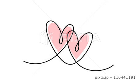 Two hearts in simple one line style and color shape love signs. Love background in continuous line drawing. Black and white linear minimal vector illustration. Valentines day banner, wedding card 110441191