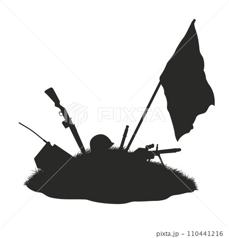 World war battlefield landscape. Isolated silhouette of warrior grave. Soldier mound with rifle, helmet and flag. WW2 battle scene World war battlefield landscape. Isolated silhouette of warrior grave. Soldier mound with rifle, helmet and flag. WW2 battle scene 110441216