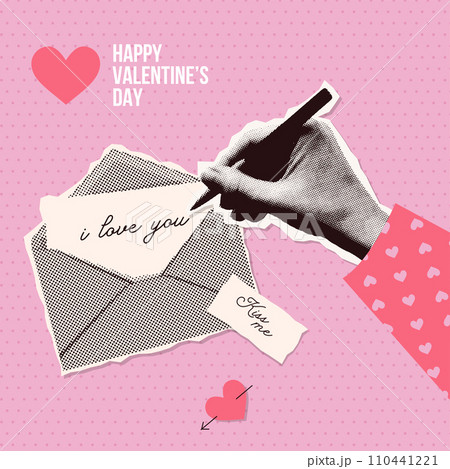 Valentines day halftone collage with hand writing a love letter. Romantic banner template. Trendy y2k style vector illustration Valentines day halftone collage with hand writing a love letter. Romantic banner template. Trendy y2k style vector illustration 110441221