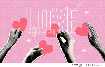 Halftone torn out collage Hands holding hearts. Valentine's day banner template. Give and share love to people concept. y2k trendy mixed media vector design. 110441222
