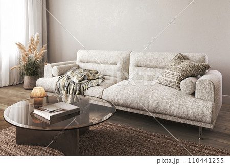 Spacious and modern living room with a textured sofa, cozy throw blanket, and round glass coffee table on a shag rug 110441255