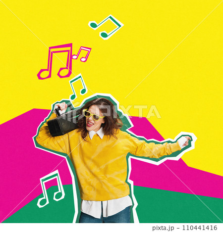 Young girl in sunglasses, casual stylish clothes listening to music with retro player over colorful background. Contemporary art collage. Young girl in sunglasses, casual stylish clothes listening to music with retro player over colorful background. Contemporary art collage. 110441416