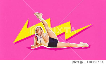Young beautiful girl listening to music in headphones and stretching over bright pink background. Contemporary art collage. Young beautiful girl listening to music in headphones and stretching over bright pink background. Contemporary art collage. 110441434
