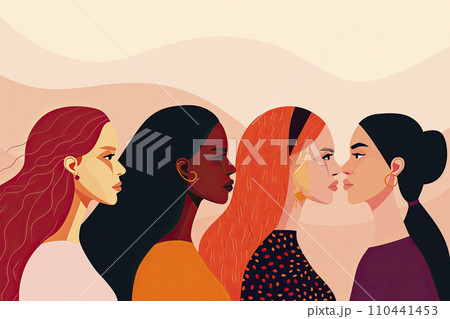 International Womens Day banner. Women of different ethnicities stand side by side together International Womens Day banner. Women of different ethnicities stand side by side together 110441453
