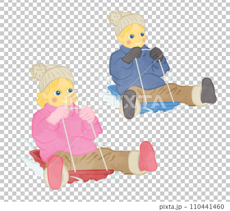 可愛的男孩和女孩玩雪橇的插圖集 01 110441460