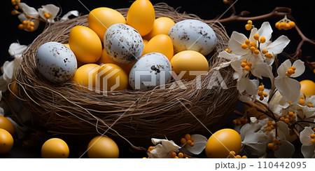 Easter holiday celebration banner greeting card banner - White yellow easter eggs in a bird nest basket and yellow daffodils flowers 110442095