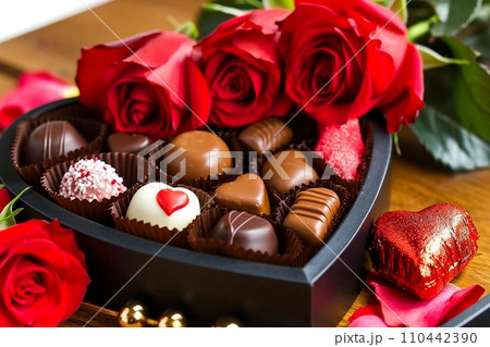 Heart shaped box of chocolate truffles with red roses. generative ai. Heart shaped box of chocolate truffles with red roses. generative ai. 110442390