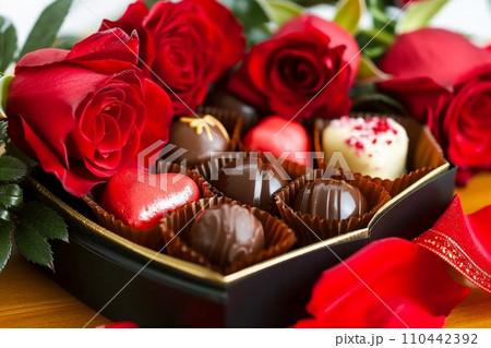 Heart shaped box of chocolate truffles with red roses. generative ai. Heart shaped box of chocolate truffles with red roses. generative ai. 110442392
