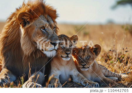 Lovely lion family endangered animal wildlife, lion father with cubs. generative ai 110442705