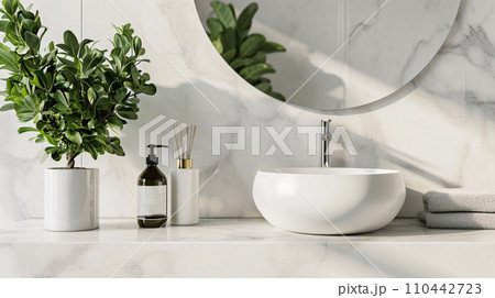 White marble countertop and round washbasin modern luxury restroom interior design, spa like bathroom. generative ai 110442723