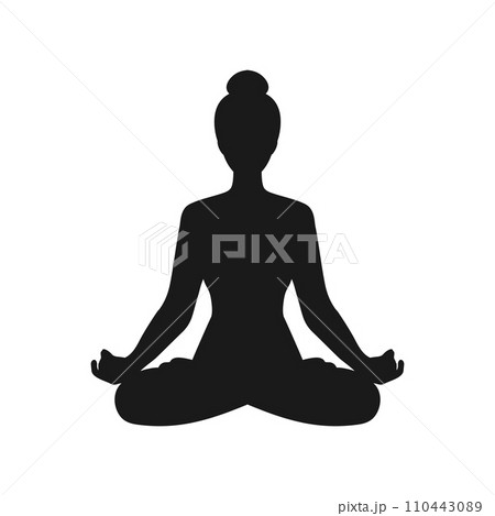 Silhouette of a woman sitting in lotus position. Girl doing yoga and meditating. Meditation and healthy lifestyle. Vector illustration Silhouette of a woman sitting in lotus position. Girl doing yoga and meditating. Meditation and healthy lifestyle. Vector illustration 110443089