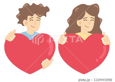 Smiling man and woman holding hearts. Guy and girl are giving hearts. Valentines Day templates. Vector illustration Smiling man and woman holding hearts. Guy and girl are giving hearts. Valentines Day templates. Vector illustration 110443090