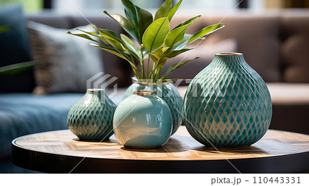 AI-generated content. Home decor in marine style, ceramic collection of ceramic blue vases on table. Cozy place to relax outside in country house on summer sunny day. 110443331