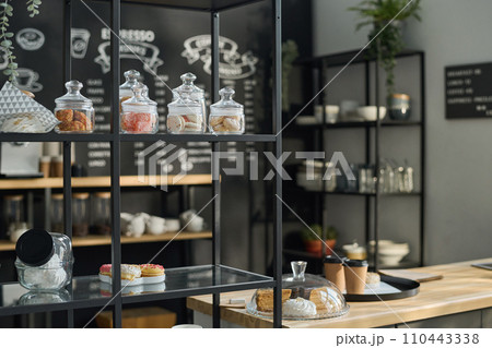Displays with tasty cookies and snacks Displays with tasty cookies and snacks 110443338