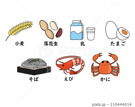 アレルギー表示の特定原材料7品目を示したイラストセット（カラー） 110444014