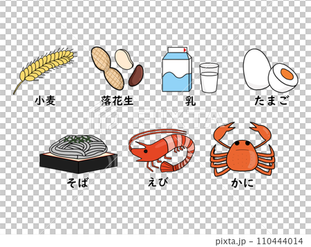 アレルギー表示の特定原材料7品目を示したイラストセット（カラー） 110444014