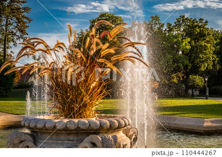 view of The Festetics Palace fountain, located in the Keszthely, Zala, Hungary. 110444267