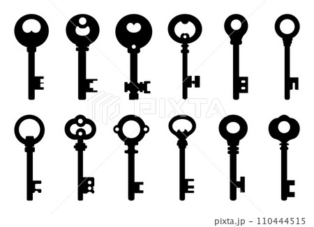 Black silhouette keys set isolated on white background. Vector illustration for any design. Black silhouette keys set isolated on white background. Vector illustration for any design. 110444515