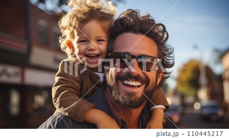 AI-generated content. Happy Caucasian father with kid on his shoulders. Father giving son ride on his back in park. 110445217