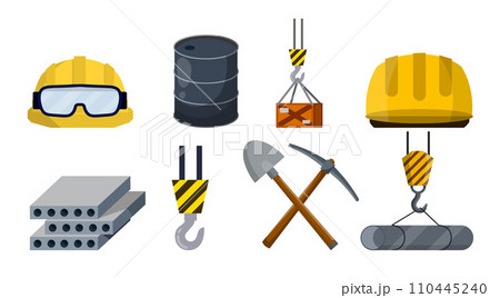 Industrial object - Yellow helmet worker, Safety glasses Builder. Cartoon flat illustration. Repair and engineering works. Clothing for safety of production. Industrial object 110445240