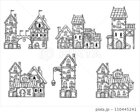 Medieval house. Village building. Old house with chimney. Sketch image of vintage european street. Cartoon retro illustration 110445241