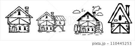 Medieval house. Village building. Old house with chimney. Sketch image of vintage european street. Cartoon retro illustration 110445253