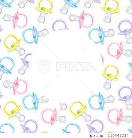 Round frame baby boy girl pacifier dummy. Pink blue violet green. Hand drawn watercolor illustration isolated on white background. Collection to newborn, baby shower, gender reveal party 110445254