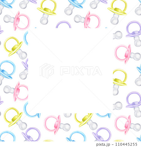 Square frame baby boy girl pacifier dummy. Pink blue violet green. Hand drawn watercolor illustration isolated on white background. Collection to newborn, baby shower, gender reveal party 110445255