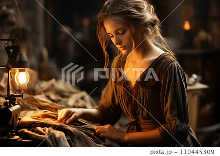 Young beautiful woman enthusiastically engaged in sewing hobby in evening interior background. 110445309