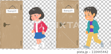Elementary school student rushing to the toilet in a gouache drawing 110445442