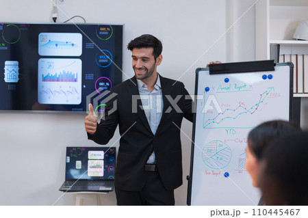 A South Asian man in a tailored suit gestures a thumbs-up in front of a strategic analysis displayed on screens, radiating confidence in a corporate meeting setting. 110445467