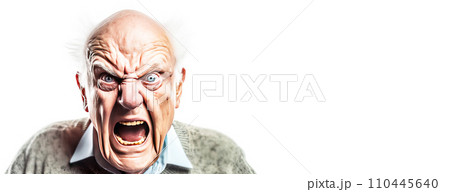 An elderly man grandfather shouts in angry anger, aggressively disappointed, white background isolate. . 110445640