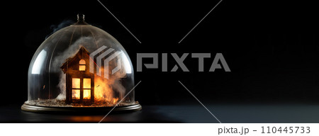 Insurance of private home, concept of life and property safety. Burning housing under dome. Insurance of private home, concept of life and property safety. Burning housing under dome. 110445733