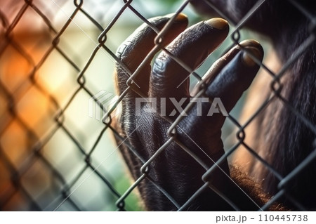 Hand of a gorilla in a cage close-up while locked, wild animal rescue concept. 110445738