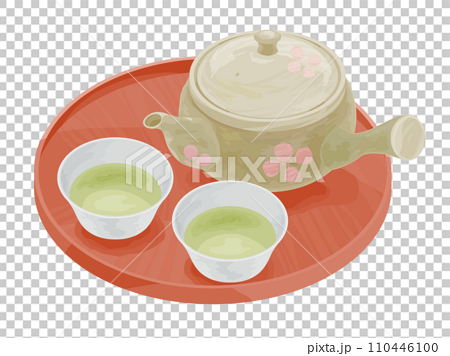 ベクターイラスト:和_急須_お盆_湯呑みに入った緑茶 110446100