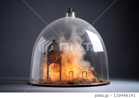 Insurance of private home, concept of life and property safety. Burning housing under dome. Insurance of private home, concept of life and property safety. Burning housing under dome. 110446141