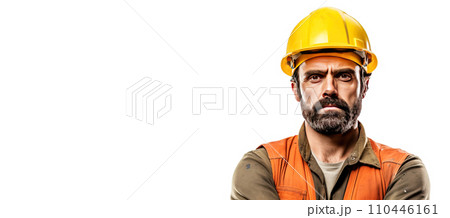 Close-up of a stern male road worker in a uniform, helmet, special clothing, white background isolate. 110446161