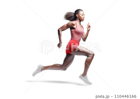 African American woman athlete sprinter runner, competitive training, white background isolate. African American woman athlete sprinter runner, competitive training, white background isolate. 110446166