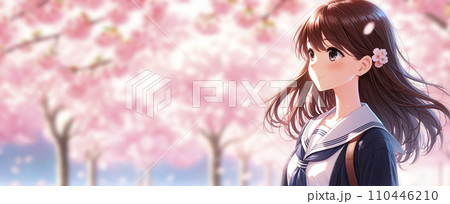 コピースペースのある桜の木を背景に立っている女子高生の横顔。AI画像。 110446210